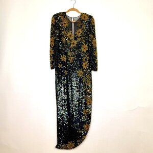 SHOMAX Vintage 1980's 100% Silk heavy beaded sequin formal dress, black & gold